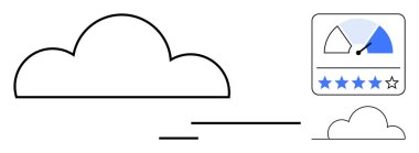 Bulut depolama kavramı. Bulut depolama hızı ve performans göstergesi ve derecelendirme sembolleriyle kullanıcı memnuniyeti. Bulut depolama verimliliği ve güvenilirliği sağlar. Veri, bilişim çözümleri ve performans için