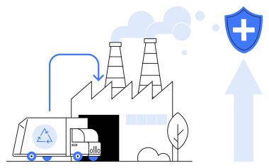 Geri dönüşüm, sürdürülebilirlik, çevre koruma, atık yönetimi, kirlilik kontrolü, yenilenebilir enerji. Geri dönüşüm kamyonu ve sağlık kalkanı ikonu olan bir fabrika. Geri dönüşüm ve sürdürülebilirlik kavramı