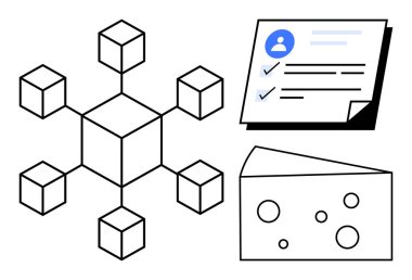 Küp ağı engelleme zincirini simgeler, profil simgesiyle kağıt kontrol listesi, delikli peynir dilimi. Teknoloji, veri, doğrulama, basitlik, yaratıcılık, soyut mantık işleri için idealdir. Basit.