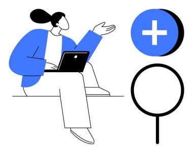 Online araştırma konsepti. Çevrimiçi araştırmalar, dizüstü bilgisayar, büyüteç ve keşif ve dijital aletlerin artı işareti kullanıldığını gösteriyor. Teknoloji, eğitim ve web tasarımı için ideal