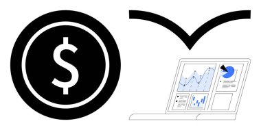 Finans, yatırım büyümesi, iş analizleri, veri görselleştirmesi, finansal planlama, piyasa eğilimleri. Bir dizüstü bilgisayardaki dolar işareti ve veri tabloları. Finans ve yatırım büyüme kavramı