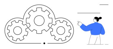 Bulut hesaplama, takım çalışması, otomasyon, veri yönetimi, çevrimiçi sistemler, yenilik. Bulut dizaynının içindeki vites ve işaret eden biri. Bulut hesaplama ve takım çalışması kavramları