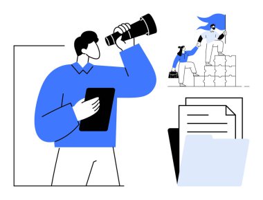 İş stratejisi, liderlik, takım çalışması, hedef belirleme, organizasyon başarısı, iş yeri planlaması. Elinde bir tablet ve teleskop tutan bir kişi, takım işbirliğiyle. Liderlik ve takım çalışması kavramları