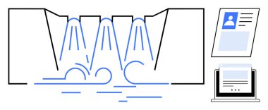 Veri akışı kavramı. Belge görüntüleme ve dijital iş akışı yönetimi ile veri şelalelerinin görsel. Veri, analiz, işleme ve iletişim uygulamaları için anahtardır