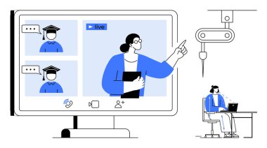 Çevrimiçi eğitim kavramı. Çevrimiçi eğitim sanal araçlar ve platformlar aracılığıyla öğrenmeyi kolaylaştırır. Çevrimiçi eğitim uzaktan öğrenmeyi, üretkenliği ve küresel erişimi arttırır. eLearning
