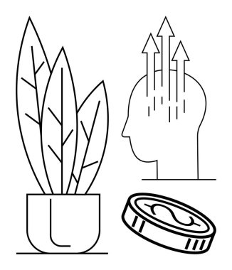 Büyüme konsepti. Kafadan yukarı doğru büyüyen oklar, saksı bitkisi sembolü ve maddi para. Kişisel gelişim, finans, iş başarısı, sürdürülebilirlik ve yenilik için büyüme fikirleri