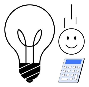 Yenilik, problem çözme, yaratıcılık, fikirler, ilham, pozitif düşünce. Ampul, gülen surat ve hesap makinesi. Yenilik ve problem çözme kavramı