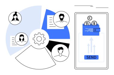 Bozuk paralı cüzdan, gönderme tuşu, kullanıcı profilleri, sistem süreçlerini sembolize eden teçhizat. Fintech, ödemeler, kullanıcı yönetimi, teknoloji hizmetleri, otomasyon finans dijital uygulamaları için ideal