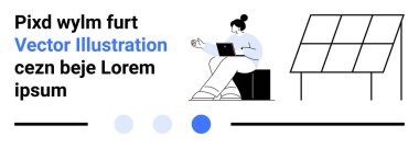 Dizüstü bilgisayarlı bir kadın, güneş panellerinin yanında el kol hareketi yapıyor. Sürdürülebilirlik, teknoloji, uzaktan çalışma, temiz enerji, modern tasarım, çevre dostu girişimler, basit iniş sayfası için ideal