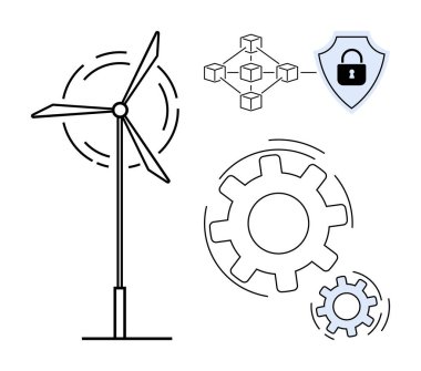 Yenilenebilir enerji, siber güvenlik, engelleme zinciri, teknoloji entegrasyonu, sürdürülebilirlik, makine mühendisliği. Rüzgar türbini, vites simgeleri, engelleme zinciri diyagramı ve kalkanı kilitle. Yenilenebilir enerji
