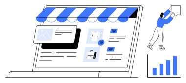 E-ticaret konsepti. Çevrimiçi alışveriş ikonları, dijital mağaza önü ve büyüme grafiği olan bir e-ticaret. E-ticaret perakende operasyonlarını düzene sokuyor ve ticareti artırıyor. Pazarlama, perakende, çevrimiçi satışlar için