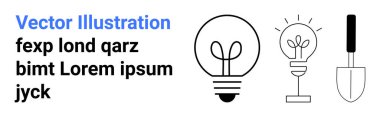 Enerji, yenilik, bahçıvanlık, yaratıcılık, tasarım, eğitim. Ampulün siyah-beyaz çizgisi, ışıklarla aydınlatılmış ampul ve yanında da bahçe küreği. Enerji ve yenilik