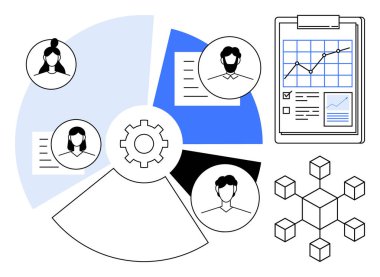 Takım çalışması, analitik, ağ entegrasyonu, proje yönetimi, veri akışı, işletim stratejisi. Takım avatarlarını, grafik belgelerini ve veri bağlantılarını gösteren diyagram. Takım çalışması ve analiz konsepti