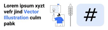 İnsan figürü beyin fırtınası fikri, metin görüntüleme, ampul, bitki sapı ve meta veri etiketi. Yaratıcılık, yenilik, eğitim, içerik takım çalışması büyümesi için ideal basit iniş sayfası