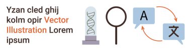 Bilim, teknoloji, dil çevirisi, araştırma, iletişim, genetik. DNA sarmalları, dil sembollü cam konuşma baloncukları. Genetik ve dil çevirisi görsel olarak