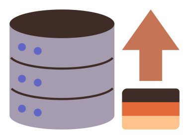 Veri yönetimi, bulut depolama, yedekleme sistemleri, dosya transferi, sunucu bakımı, veritabanı çözümleri. Sunucu yığını, yukarı doğru ok gradyanı bloğu. Veri yönetimi ve bulut depolama illüstrasyonu