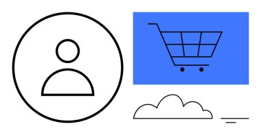 İnternetten alışveriş konsepti. Mavi alışveriş arabası dikdörtgeni, kullanıcı profili simgesi ve internet üzerinden alışveriş. E-ticaret, bulut depolama, teknoloji, pazarlama, lojistik için ideal