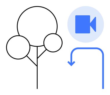 Sürdürülebilirlik, çevre teknolojisi, yeşil enerji, dijital içerik, multimedya iletişimi, yenilik. Video kamera sembolü ve oku olan doğrusal ağaç simgesi. Sürdürülebilirlik ve çevre