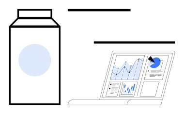 Veri görselleştirme, dijital pazarlama, paketleme, tüketici ürünleri, analitik, teknoloji arayüzü. Analizlerin asgari ambalaj tasarımının yanındaki dizüstü bilgisayarda grafiksel görüntüsü. Veri görselleştirme