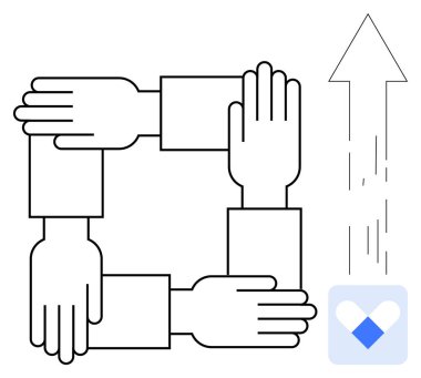 Takım çalışması, işbirliği, büyüme, yenilik, birlik, ortaklık. Birbirine bağlı eller yukarı doğru ok ve kalp sembolü ile kare oluşturuyor. Takım çalışması ve büyüme çizildi