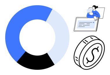 Finansal veri kavramı. Pasta grafiği ve bir dolar para ile finansal veriler. Finansal veri analizi ve profesyonel odaklı dijital inceleme. Finans, veri analizi ve iş için ideal