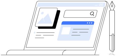 Dijital pazarlama, web tasarımı, yaratıcı araştırma, çevrimiçi araçlar, internet navigasyonu, teknolojik çözümler. Yanında bir kalem ve grafik olan bir web arama arayüzü gösteren bir dizüstü bilgisayar. Dijital pazarlama