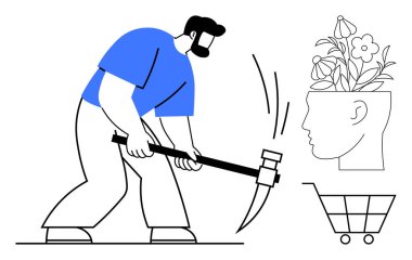 Çiçekleri açan ve alışveriş arabasıyla kazma yapan bir adam yaratıcılığı, büyümeyi, çabayı ve fikirlerin değerini sembolize ediyor. Yenilik ve konsept geliştirme için ideal