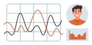 İş stratejisi, veri eğilimleri, istatistik, piyasa araştırması, analiz, sunum. Dinamik grafikler ve gülümseyen profesyoneller. Veri eğilimleri ve iş stratejisi kavramı