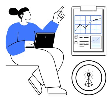İş stratejisi, veri analizi, piyasa araştırması, dijital büyüme, karar verme, öngörü. Laptop, büyüme grafiği ve göz simgesi üzerinde çalışan kişi. İş stratejisi ve veri analizi
