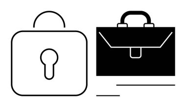 İş güvenliği, gizli bilgiler, veri koruması, şirket güvenliği, risk yönetimi, güvenli işlemler. Kilit ve evrak çantasının minimalist çizimi. İş güvenliği ve verileri