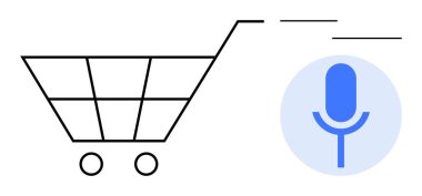 E-ticaret, sesli komutlar, dijital alışveriş, yapay zeka teknolojisi, kullanıcı dostu arayüzler, yenilik. Bir mikrofon sembolünün yanında alışveriş arabası ikonu. E-ticaret ve ses komutları kavramı