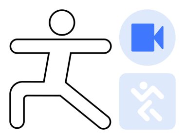 Fitness, video dersleri, online egzersiz, yoga, sağlık, eğitim programları. Yoga figürü, medya ve hareket sembolleriyle poz veriyor. Fitness ve video dersleri tema