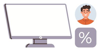 Çevrimiçi eğitim, veri analizi, uzaktan çalışma, teknoloji hizmetleri, kullanıcı profilleri, verimlilik. Dijital monitör, avatar ve yüzde ikonu. Çevrimiçi eğitim ve veri analizi kavramı