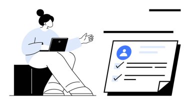 Profil detayları ve tamamlanmış görevler içeren tablet değerlendirme listesi olan kişi. Çoklu görev, verimlilik, işe alım, organizasyon, iş akışı, uzaktan çalışma, markalaşma için ideal. Temiz