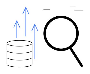 Veritabanında yukarı doğru giden oklar, analiz, içgörü ve veri değerlendirmesi için büyüteç yanında büyümeyi işaret ediyor. Veri analizi, büyüme, istatistik, iş izleme, araştırma, büyük