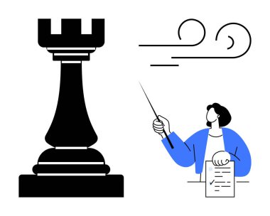 Strateji için satranç kalesi, analiz için belgeye işaret eden şahıs ve hareket ya da eylemi çağrıştıran çizgiler. Strateji, liderlik, eğitim, karar verme, büyüme, yenilik takım çalışması için ideal