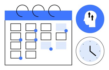 Zaman yönetimi konsepti. Takvim, saat ve verimlilik simgesi etkili planlamayı vurguluyor. Zaman yönetimi görevlerin düzenlenmesine yardımcı olur ve verimliliği artırır. İş ve kişisel gelişim için ideal