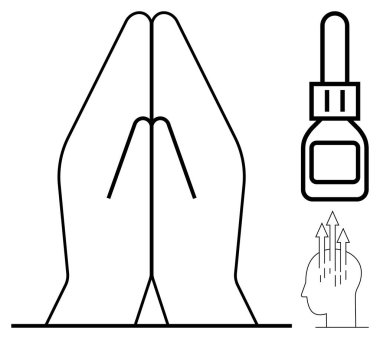 Meditasyon konsepti. Minimalist tasarım dua eden elleri, gerekli yağ şişesini ve farkındalık çalışmalarına odaklanmayı gösteriyor. Rahatlama, denge ve ruhsal özbakım için meditasyon ve sağlık