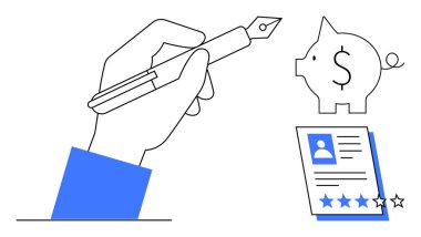 Kalem imzalama belgesi, dolar işaretli kumbara, yıldız reytingleriyle devam. Finans, kariyer büyümesi, değerlendirme, adam toplama, tasarrufla ilgili profesyonel başarı için ideal. Basit.