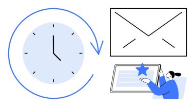 Üretkenlik, görev organizasyonu, e-posta iletişimi, programlama, zaman izleme, dijital aletler. Bir saat, bir zarf ve tabletle etkileşime geçen bir insan. Verimlilik ve görev örgütü