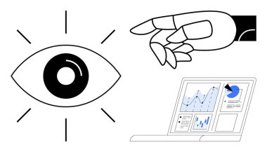 Yapay zeka, veri analizi, makine öğrenmesi, otomasyon, teknoloji izleme, yenilik. Göz sembolü, robot el ve veri tabloları ekranda. Yapay zeka sistemleri ve veri analiz kavramı