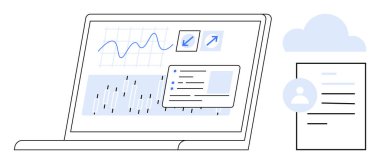 Veri analizi, bulut hesaplama, iş akışı yönetimi, bilgi görselleştirme, dijital organizasyon, istatistik. Grafikleri, bulut ve belgesi olan bir laptop. Veri analizi ve bulut hesaplaması