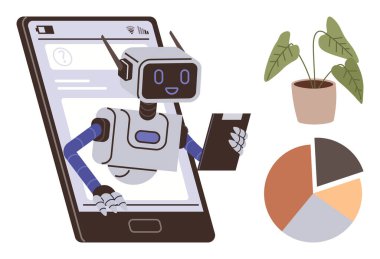 Yapay zeka, veri analizi, otomasyon, iş teknolojisi, gelecekteki yenilik, dijital asistan. Robot, akıllı telefondan bitki ve pasta grafiğiyle çıkan bir pano tutuyor. Yapay