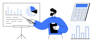 İş stratejisi, finansal planlama, veri görselleştirme, performans analizi, kurumsal eğitim, karar verme. Grafikleri ve grafikleri hesap makinesiyle sunan bir kişi. Mali planlama