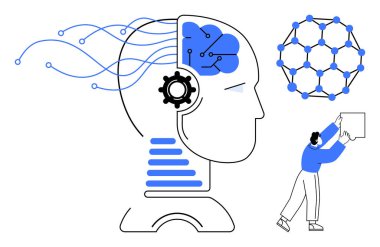 Yapay zeka. Sinir ağı ve veri akışı bağlantıları olan insan başlı yapay zeka kavramları. Yapay zeka yenilikleri ve daha zekice çözümleri yönlendirir. Eğitim, teknoloji, veri için