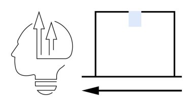 Yenilik kavramı. Oklar ve minimalist bir dizüstü bilgisayarla tasarlanmış insan beyni taslağıyla yenilik. Teknoloji, eğitim, iş, yaratıcılık, dijital için yenilik tasarımı