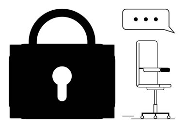 Siber güvenlik, veri gizliliği, ofis güvenliği, dijital koruma, uzaktan çalışma, iş iletişimi. Siyah kilit, ofis koltuğu diyalog balonu. Siber güvenlik ve veri gizlilik kavramı