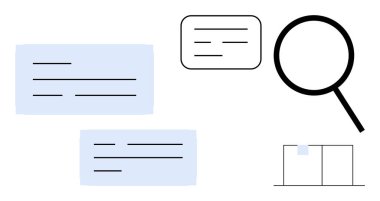 Mesajlar, büyüteç ve araştırma, iletişim ve organizasyonu ileten minimalist bir tablo. Analiz, arama, veri görselleştirme, takım çalışması eğitimi için ideal basit bir daire