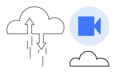 Bulut depolama, veri transferi, video akışı, bağlantı, teknoloji entegrasyonu, dijital iletişim. Okları ve video ikonu olan bulutların taslağı. Bulut depolama ve video akışı