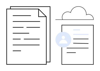 Bulut bilgisayarı, dosya paylaşımı, dijital depolama, uzaktan erişim, veri yönetimi, çevrimiçi işbirliği. Belgeler, bulut simgesi kullanıcı avatarı. Bulut hesaplama ve dosya paylaşım kavramı
